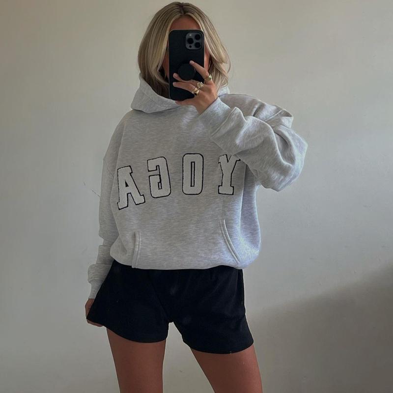 Women's YOGA Embroidered Drop Shoulder Sweatshirt, Casual Long Sleeve Hooded Pullover for Spring & Fall, Ladies Clothes for Daily Wear,  Tops for Women 6