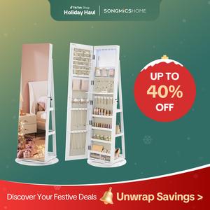 [Holiday Deal] SONGMICSHOME LED Full-Length Mirror Jewellery Cabinet, 360° Swivel Organiser, Lockable Cabinet with Keys, Free-Standing Frameless, Dressing Mirror Rotating Jewelry Cabinet with Storage Shelf, Christmas, Birthday Gift