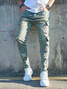 Men's Letter Patched Ripped Slim Jeans, Casual Comfy Breathable Denim Pants for Daily Wear, Fashion Men's Bottoms for All Seasons, Cotton