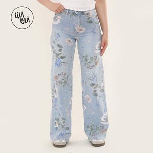 RELA RELA Blue Floral Printed Jeans Straight Wide Leg Jeans UK 6-16 Comfort Fit Bottom Denim Pants Trousers