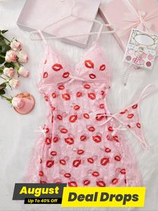 Women's Love Heart Lip Kiss Cami Nightdress & Thong Set, Cute Comfy Breathable Spaghetti Strap Nightgown & Panty Set, Women's Sleepwear & Loungewear Set, Womenswear, Nightgown Gifts, Nightdress Pyjama Set, Underwear, Lady Pajamas, Pink Pjs