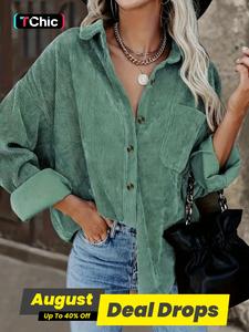 Women's Plain Pocket Chic Button Down Shirt, Going Out Tops, Casual Elegant Classy Baggy Drop Shoulder Long Sleeve Blouse Top for Spring & Fall, Ladies Clothes for Daily Wear, Tops for Women, Clothing, Long Sleeve Shirts, Womenswear