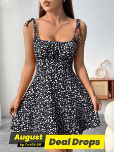 Women's Ditsy Floral Print Cami Dress, Sleeveless Spaghetti Strap A Line Short Dress for Summer, Ladies Clothes for Beach Holiday, Womenswear, Casual Chic Dress