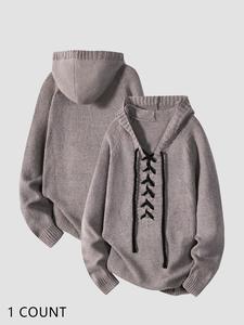 Men's Solid Lace Up Hooded Sweater, Casual Regular Fit Long Sleeve Pullover for Fall & Winter, Men's Clothes for Daily Wear