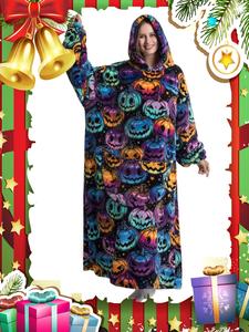 Women's Drop Shoulder Blanket Hoodie, Casual Halloween Pumpkin Print Long Sleeve Pocket Design Hooded Blanket for Fall & Winter, Women's Loungewear for Daily Wear, Hoodies for Women
