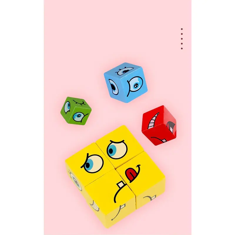 Cube Face Change Building Blocks Board Game Wood Puzzle Montessori Expression Wooden Blocks Blocos For Children Kids Toys Gift 8