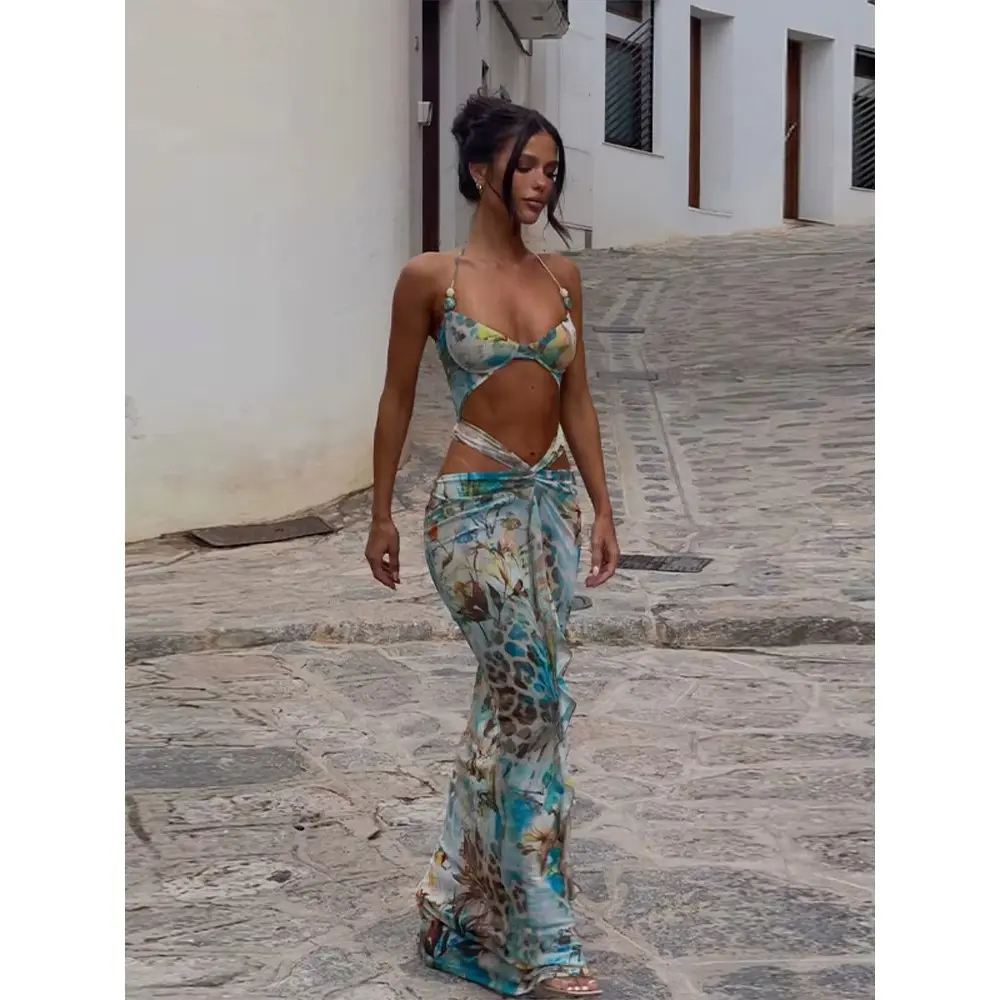 Summer Printed Women Beach Bikini Suit Chic Sleeveless Hollow Out Lace Up Slim Pleated Hem Sets 2025 New Lady Seaside Swimwear