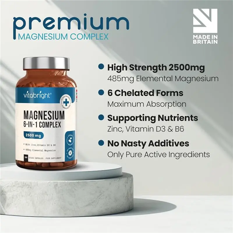 Magnesium Glycinate 6-in-1 Complex 2500mg, 485mg Elemental Magnesium Supplements High Strength, With Zinc, Vitamin D3 & B6, Chelated Magnesium Tablets Citrate, Bisglycinate, Malate, Made VitaBright UK 2