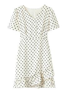 1 piece plus-size short-sleeve V-neck polka dot summer dress, elegant slimming with hidden waistline & breathable fabric for women over 60kg