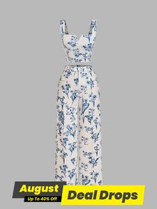 Women's Breathable Plants Print Tank Top & Wide Leg Pants Two-piece Clothing Set, Fitted Casual Boho Bohemian Summer Fashion Sleeveless Top & Pants for Daily Wear, Floral Print Womenswear, Casual Matching Set