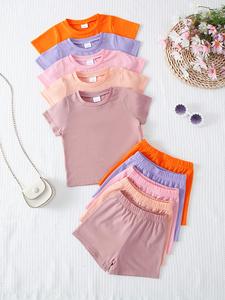 Baby Girls' Soft Comfortable Knitted Fabric Solid Color Short Sleeve Top Shorts Set Outfit, 10 Pieces, Casual Summer Gift Set, Baby Clothing
