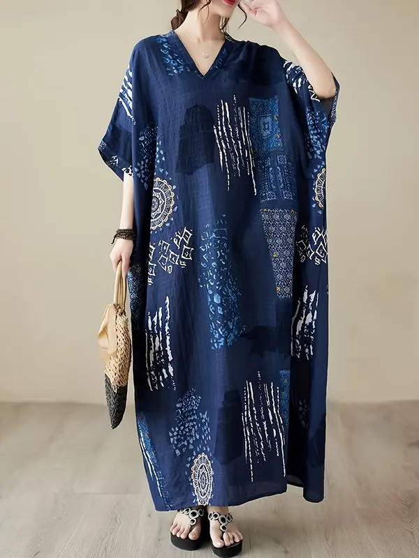 Elegant Plus Size V-Neck Kaftan Dress Gown - 100% Viscose Non-Stretch Fabric, Short Sleeve, Casual Pockets, All-Season, Woven Dressing Gown for Women 3