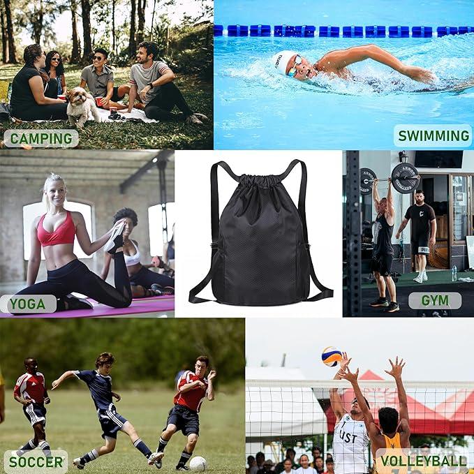 Drawstring Bag, Unisex Large Sports Backpack String Drawstring PE Bags, Sport Gym Sack have Two Side Pockets, Waterproof Travel Beach Swim School Bag 2