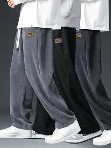 Men's Letter Patched Pocket Tie Front Corduroy Pants, Casual Loose Elastic Waist Straight Leg Trousers for Daily Wear, Mens Bottoms for All Seasons