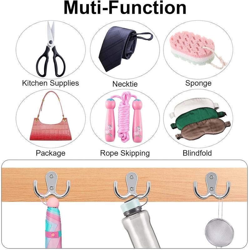 6 PCS Dual Coat Door Hooks, Double Prong Wall Mounted Hooks with 16 PCS Screws for Hanging Hat Tie Clothes Towel Metal Retro Cloth, Chrome Hanger for Bedroom Bathroom Kitchen,Silver 4