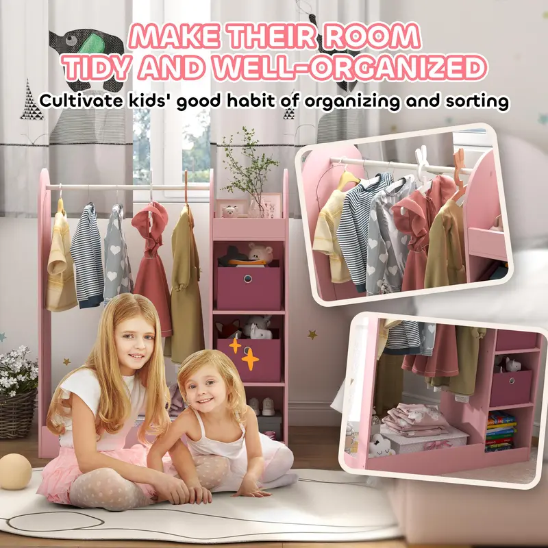 AIYAPLAY Kids Clothes Rail, Dress-Up Stand with Storage Shelf, Boxes & Mirror, Wardrobe for Bedroom, Nursery, Kids Room 4