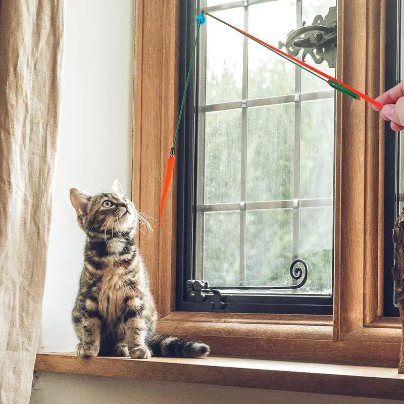Cat Feather Toys, 6 Pcs Cat Feather Wands Interactive Worm Teaser Toy for Indoor Outdoor Bored Exercise, Cat Interactive Wand Toys with Worm Refills and Cat Bells, Cat Kitten Wire Chaser 5