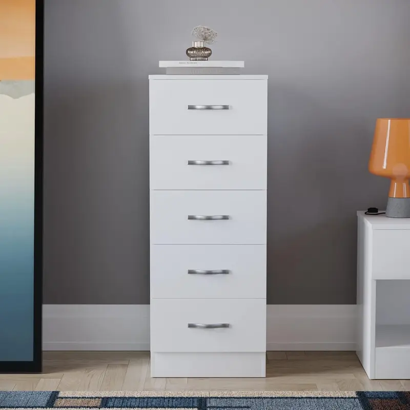 5 Drawer Narrow Chest Tall Bedroom Storage Unit Sliding Drawers Bedroom Furniture (White) 2