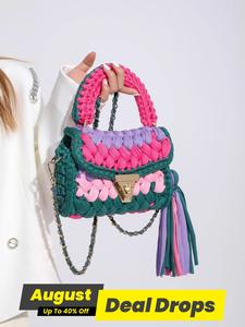 Women's Fashion Colorblock Tassel Decorated Purse Crossbody Bag, Casual Versatile Simple Shoulder Bag for Daily Used, Trendy Boho Flap Square Bag