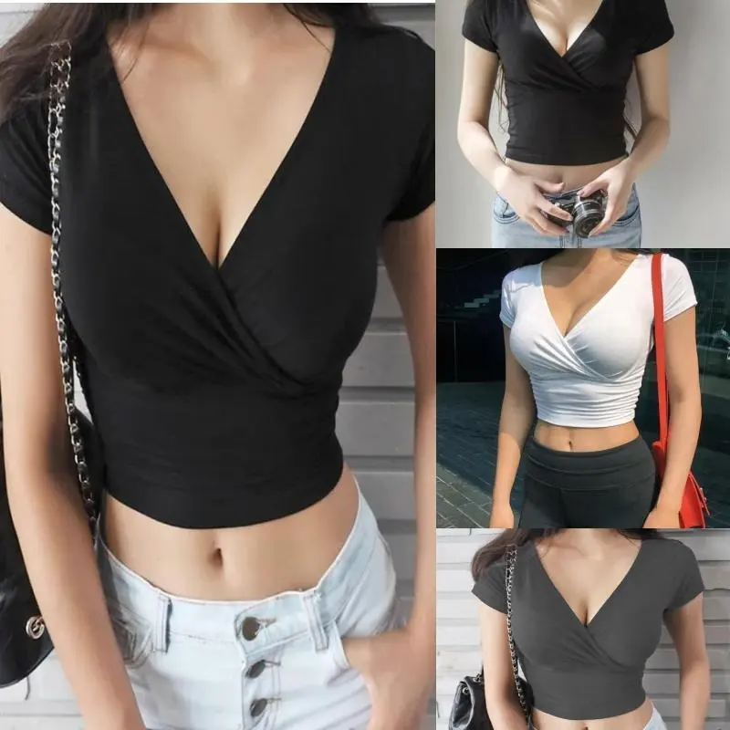 Summer Fashion Solid V Neck T Shirts Women Short Sleeve Sexy Crop Tops Ladies Casual Tees Top Tees Female Black T-Shirts
