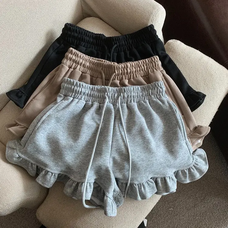 2025 Drawstring Sports Shorts Women Summer Wooden Ear High Waist Slimming Casual Wide Leg Shorts