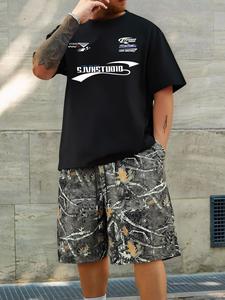 Two-Piece Set Men's Letter Print Short Sleeve Tee & Camo Print Shorts Set, Loose Casual Round Neck T-shirt & Track Shorts, Summer Clothes Set for Men
