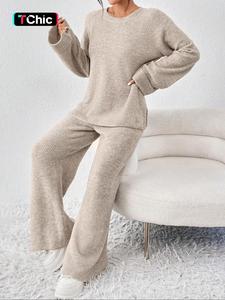 Two-Piece Set Women's Solid Raglan Sleeve Split Sweater & Pants Set, Casual Long Sleeve Round Neck Jumper & Trousers, Women's Fall & Winter Knitwear Set