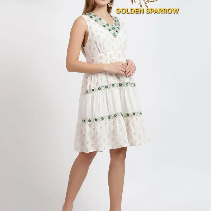 Boho Knee Length Embroidered Midi Dress for Women - Casual Style - Womenswear Summer Comfort Sleeveless Vneck Gorgeous Embroidery Green Off White 4