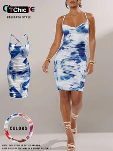 Women's Tie Dye Print Criss Cross Backless Cami Dress, Elegant Ruched Tie Back Bodycon Milkmaid Dress for Summer, Dresses for Women, Summer Dresses 2025, Womenswear