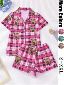 Women's All Over Cow Print Shirt & Elastic Waist Shorts Pyjama Two-piece Set, Casual Comfy Short Sleeve Top & Shorts PJ Set, Ladies Sleepwear for All Seasons, Loungewear, Soft Casual Pajamas