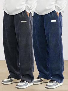 Men's Letter Patched Drawstring Waist Corduroy Pants, Casual Comfy Straight Leg Trousers for Fall & Winter, Men's Bottoms for Daily Wear