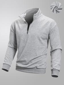 Men's Solid Zip Up Half Placket Sweatshirt, Casual Long Sleeve Stand Collar Pullover for Spring & Fall, Fashion Men's Clothes for Daily Wear