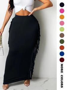 Women's Fringe Trim High Waist Pencil Skirt, Elegant Fitted Basic Comfortable Fabric Solid Color Skirt for Party Evening Formal Occasions, Ladies Summer Clothing, Womenswear, Bottoms