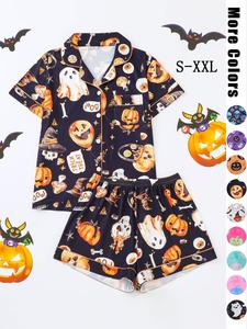 【Halloween】Women's Halloween Print Pajama Set, Pumpkin Ghost Bat Design, Casual Summer, Comfortable Shirt Collar Button Short Sleeve Top & Shorts