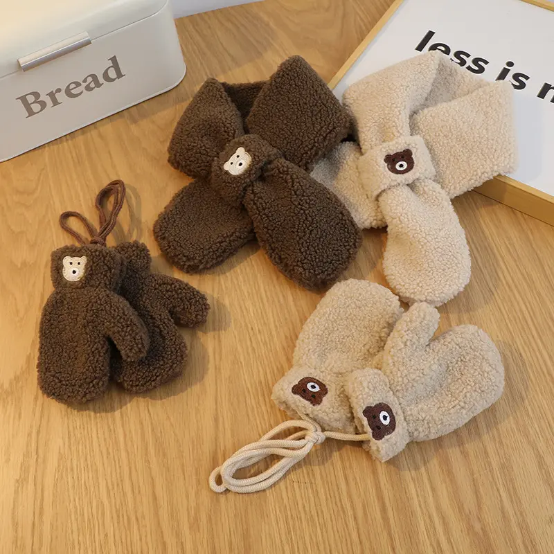 Bear Winter Baby Scarf Gloves Set Faux Lamb Wool Korean Warm Kids Neck Warmer Mittens Children Boys Girls Accessories 2-6Years 1