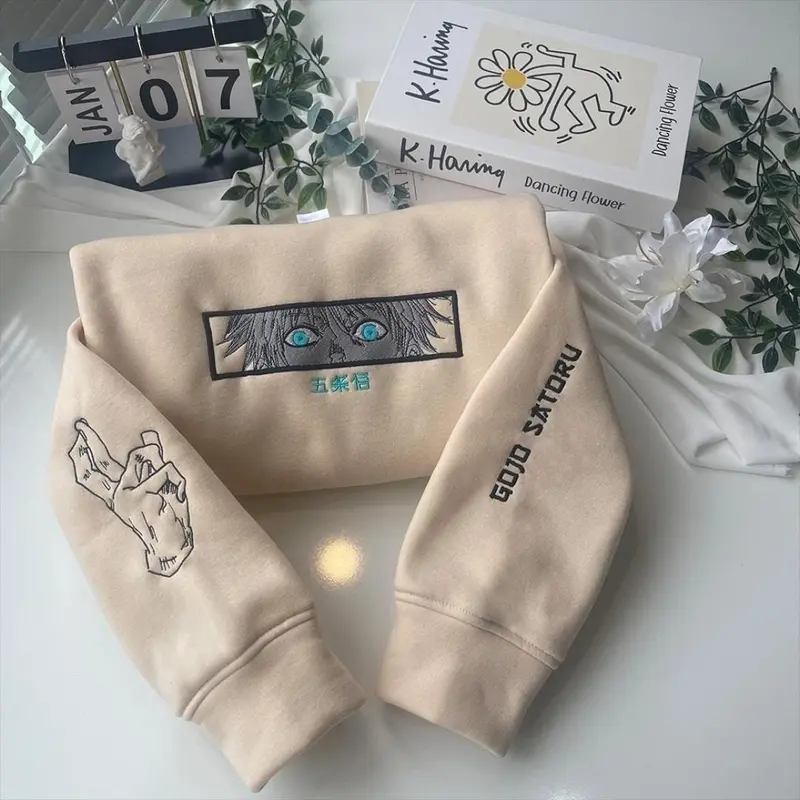 Embroidered Anime Sweatshirt, Sorcery Battle Sweater, Limitless Cursed Technique Design, Six Eyes Manga-Inspired, Gifts for Anime 0
