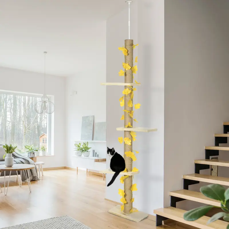 PawHut 202-242cm Height Adjustable Floor to Ceiling Cat Tree for Cats with Sisal Scratching Post, 3- Tier Cat Tower 1