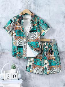 Two-Piece Set Boy's Random Print Short Sleeve Shirt & Shorts Set, Casual Summer Outfits Clothes for Kids, Kids Clothing for Daily Wear