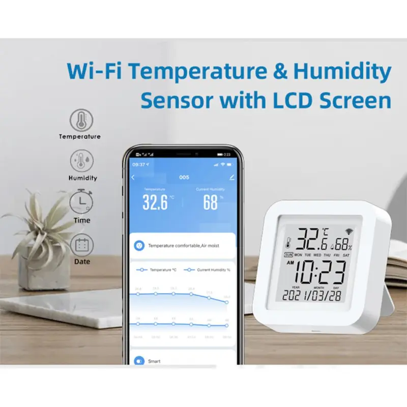 Tuya Smart Life WiFi Temperature & Humidity Sensor - Real-Time Home Automation, USB Transmitter, Fireproof ABS Host, LCD Display, Voice Control for Alexa & Google Home, Remote Access Not Supported, Home Automation | Wireless Connectivity | App-Controlled 4