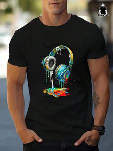 Men's Plus Size Regular Fit Headphone Print Round Neck Tee, Casual Short Sleeve T-shirt for Summer, Men's Plus Size Top for Daily Wear
