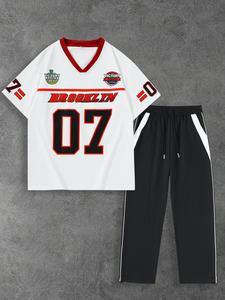 Men's Letter & Number Print Short Sleeve Tee & Pants Two-piece Set, Casual Round Neck T-shirt & Trousers for Summer, Men's Clothes for Daily Wear