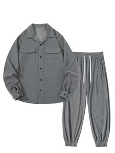 Men's Solid Button Front Outerwear & Drawstring Waist Pants Set, Loose Casual Comfy Long Sleeve Top & Trousers Set for Spring & Fall, Men's Two-piece Outfits for Daily Wear