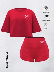 Women's Butterfly Print Crop Tee & Shorts Set, Casual Short Sleeve Round Neck T-shirt & Skinny Shorts, Ladies Summer Clothes, Womenswear, Cropped Essential Sets, Outfit Sets Women, Casual Matching Set, Summer Clothing Set