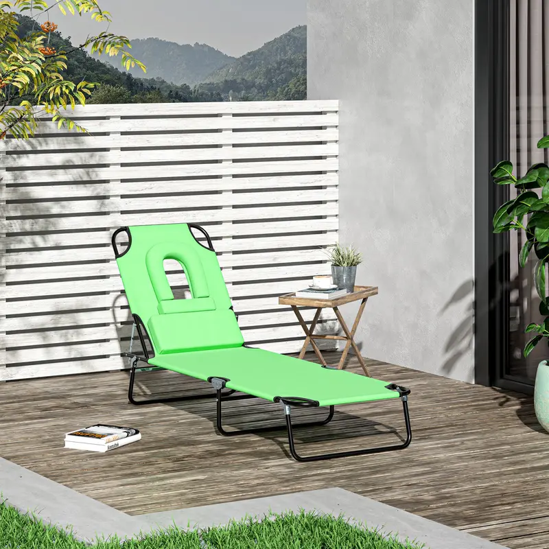 Outsunny Outdoor Folding Sun Lounger with Face Hole, 4 Level Adjustable Backrest Reclining Garden Lounger, Garden Recliner Sunbed with 600 D Oxford Cloth Seat and Pillow for Beach, Green 1