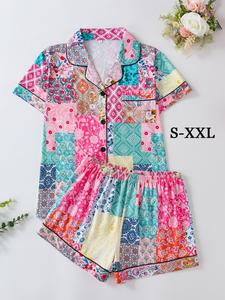 Women's Patchwork Print Shortsleeve Top & Shorts Pyjama, Elegant Comfy Short Sleeve Lapel Neck Top & Shorts Matching Pj Set, Ladies Sleepwear for All Seasons, Glam Lounge Wear, Womenswear, Homewear, Relaxed Fit Loungewear