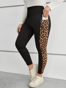 Plus Size Patchwork Leopard Print Pocket Sports Leggings, High Waist Skinny Pants for Yoga Gym Workout, Ladies Plus Size Clothing for All Seasons