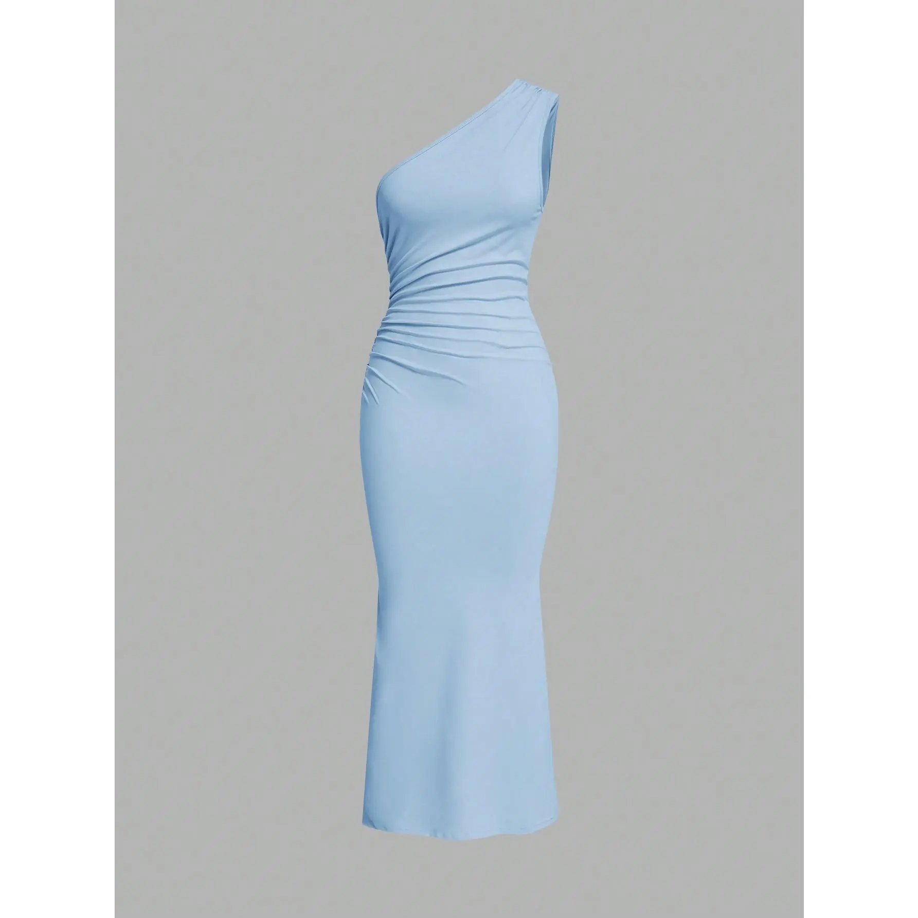 EZwear Solid Color Minimalist Slim Asymmetrical Shoulder Ruched Fish Tail Baby Blue Dress,Pastel Dresses For Women