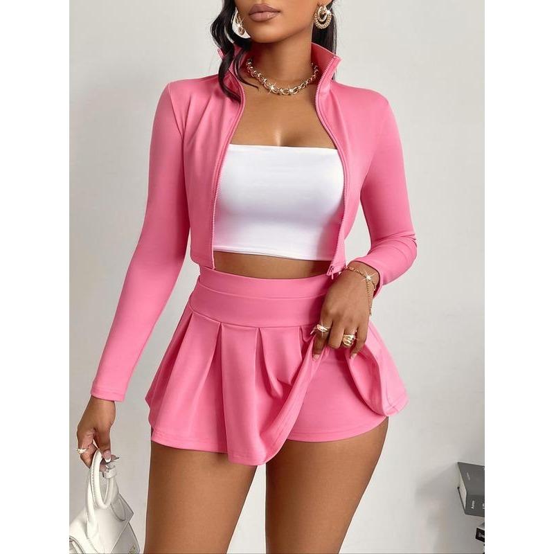 Women's Solid Zip Up Crop Jacket & High Waist Skirt Two-piece Set, Casual Fashion Cozy Two Piece Outfits for Daily Outdoor Wear, Women Clothes for Spring Fall 0