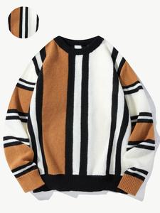 Men's Colorblock Striped Print Drop Shoulder Sweater, Casual Regular Fit Long Sleeve Round Neck Jumper for Fall & Winter, Fashion Men's Knitwear for Daily Wear
