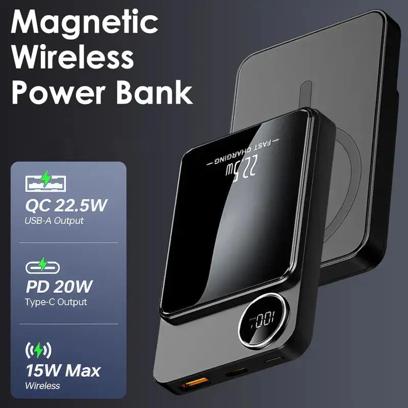 Outdoor travel magnetic wireless fast charging power bank large capacity portable compact mobile power bank 5